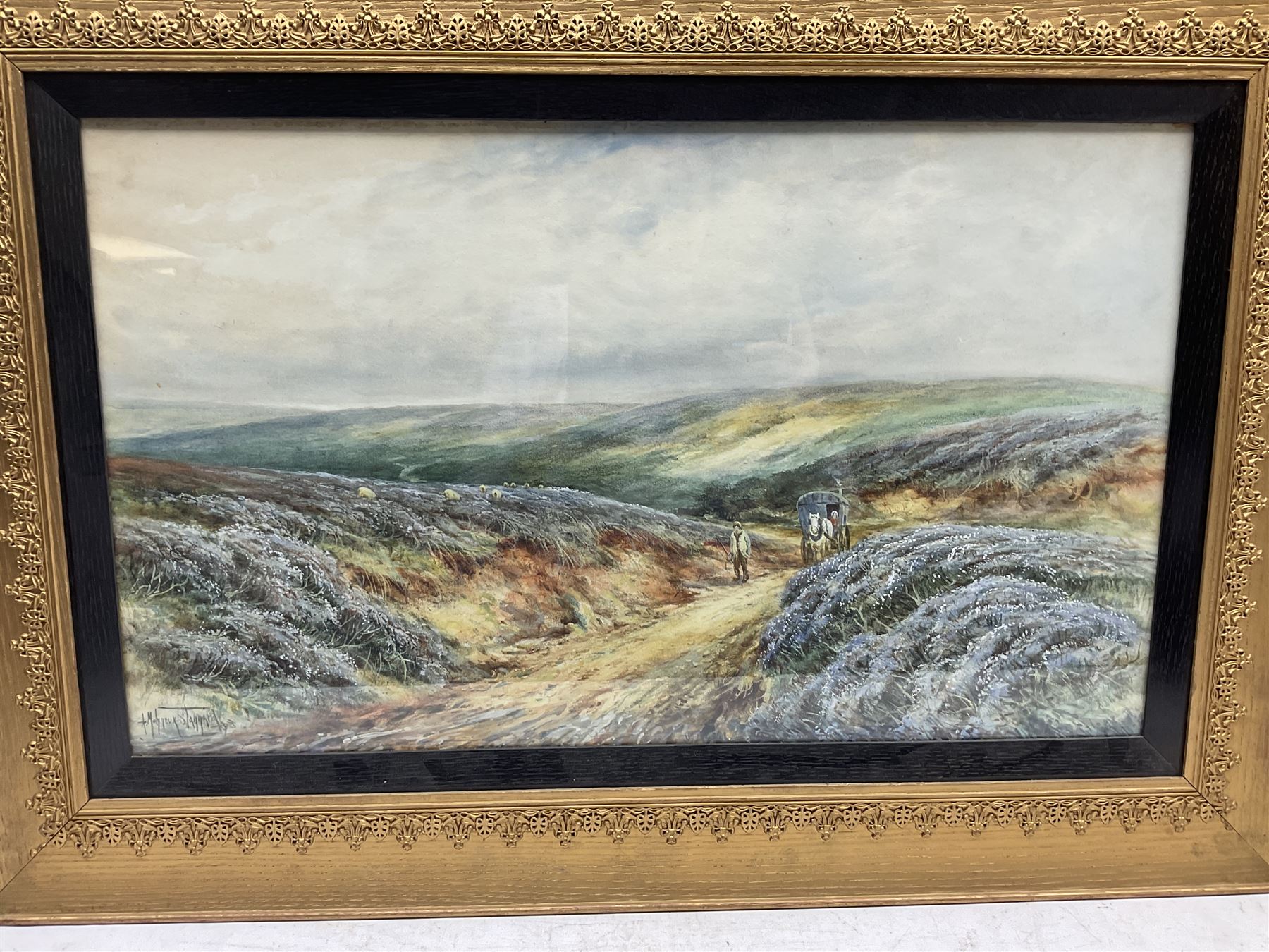 Alexander Molyneux Stannard (British 1898-1975): Horse and Cart through Moors and Moorland Sheep Landscape, pair watercolours signed 37cm x 63cm (2)