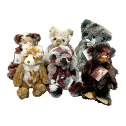 Six Charlie Bears, comprising Molino CB141436, designed by Isabelle Lee, and Splodge CB191805O, and Peppermint CB217015O, each with tags, plus three examples CB171785A, CB140027, and CB141435, each lacking tags 