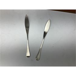 Old Hall Alveston pattern cased canteen, designed by Robert Welch, setting for eight, comprising dinner forks, dinner knives, dessert forks, dessert knives, tea spoons, coffee spoons, soup spoons, dessert spoons, pair of serving spoons and pair of smaller serving spoons