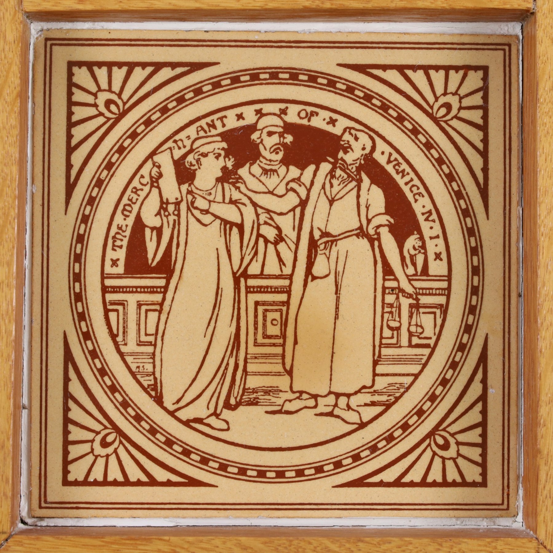 Three Minton Shakespeare tiles, framed, comprising Twelfth Night, Antony and Cleopatra and The Merchant of Venice, H55cm 