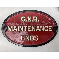 Railway interest - oval cast-iron plaque 'G.N.R. Maintenance Ends' in red, white and black L30cm; two red/white enamel 'Look Out' armbands with leather straps, one marked LNER; and a brass whistle (?) (4)