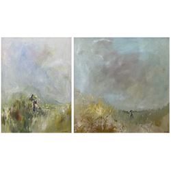 Jill Davies (British Contemporary): Impressionist Ladies in Summer Fields, pair oils on canvas signed 60cm x 60cm and 61cm x 45cm (2)