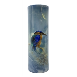 Royal Doulton Titanian Ware vase, painted by Harry Allen, of cylindrical form decorated with a Kingfisher perched upon a branch beneath a crescent moon, signed H. Allen, with printed mark beneath and painted mark 'Kingfisher 2846', H21cm