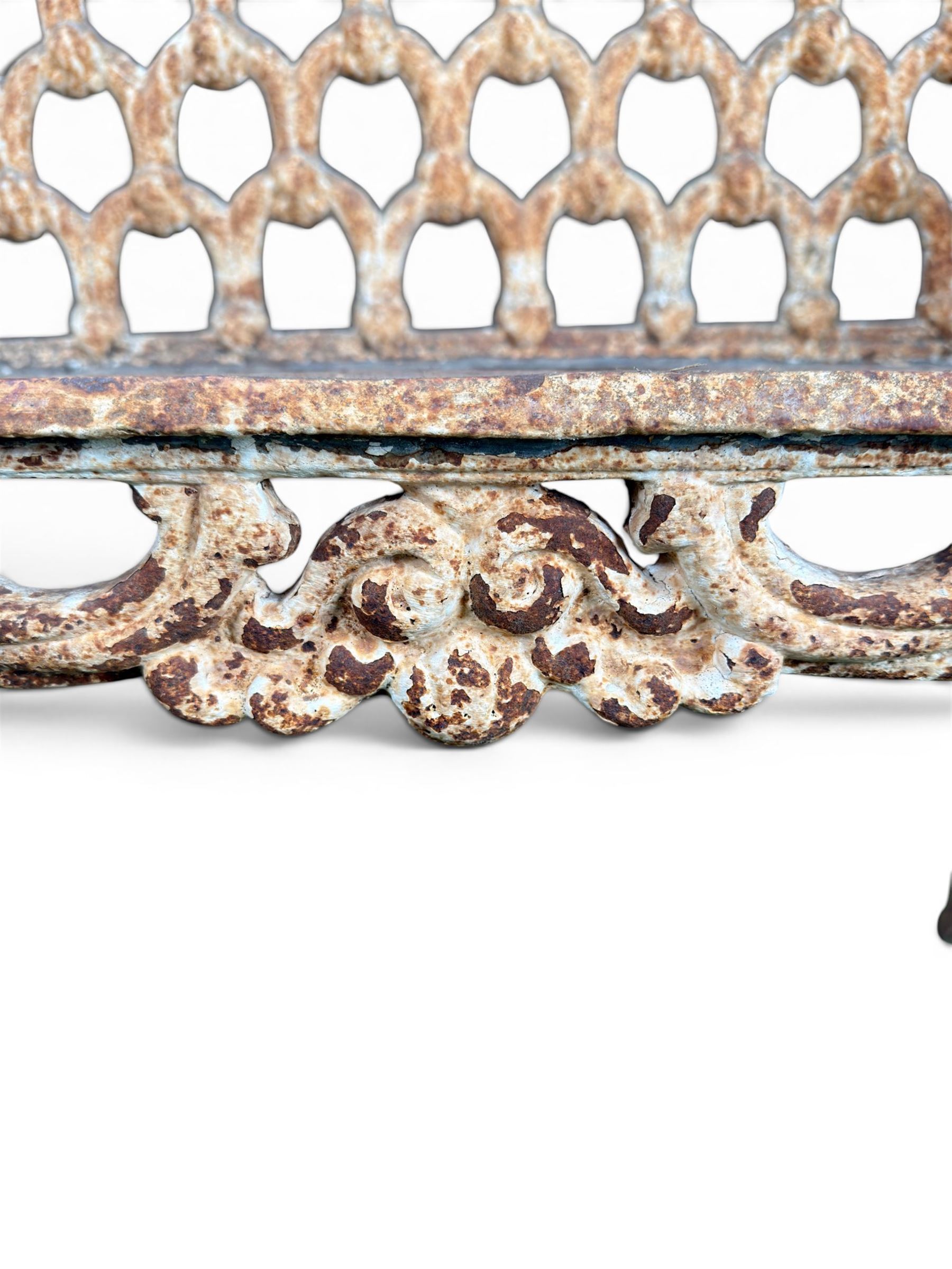 Victorian revival Carron Foundry design heavy cast iron two seat garden bench, scrolled arms with pierced lattice seat, finished in antique white paint