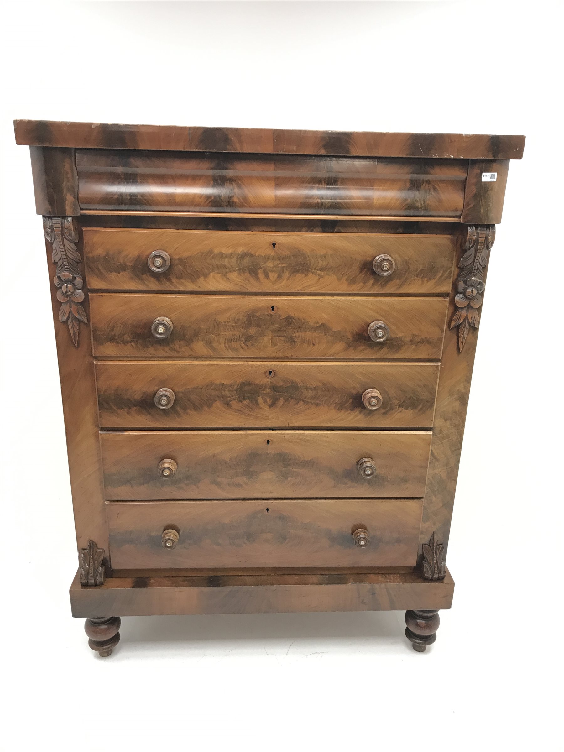 Large Victorian mahogany Scotch chest, single frieze drawer above six graduating drawers, turned supports, W125cm, H169cm, D57cm