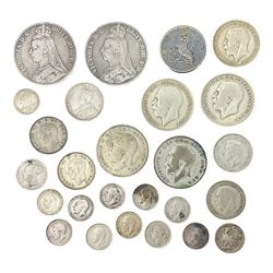 Two Queen Victoria crown coins dated 1890 and 1891, approximately 90 grams of Great British pre 1947 silver coins, King George V India 1919 half rupee etc