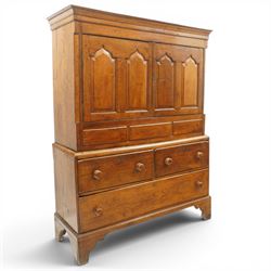 18th century oak larder cupboard, projecting moulded cornice over two panelled doors with ...
