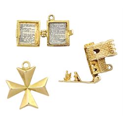 Two 9ct gold pendant/charms including wedding in a church and bible and an 18ct gold Maltese cross pendant
