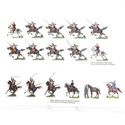 Sixteen German Zinnfiguren hand-painted flat metal French Cuirassiers, mounted on board, figure H5cm