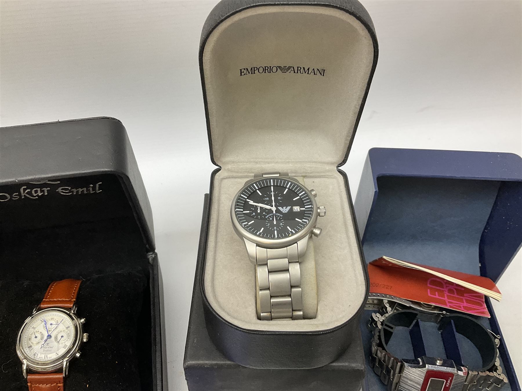 Collection of wristwatches including Accurist World Time chronograph quartz, Lorus chronograph 100m stainless steel quartz, Oskar Emil Torrini, two Citizen automatics, Seiko ladies Vivace, Titus, Limit and Tissot