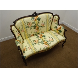  Late Victorian mahogany settee, moulded and acanthus caved frame with pierced scroll cresting, upholstered in Kenilworth fabric by Anne and Robert Swaffer, on cabriole legs with ceramic castors, H98cm,  W125cm, D55cm   