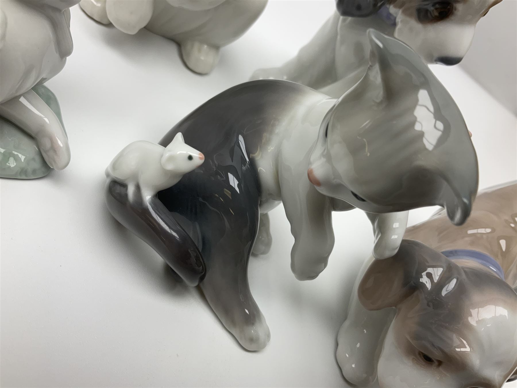 Five Lladro figures, comprising Cat and Mouse no. 5236, That Tickles no. 5888, Gentle Surprise no. 6210, Little Hunter no. 6212 and Resting Polar Bear no. 1208, largest H12cm