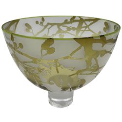 Gillies Jones of Rosedale green glass bowl decorated with branches, upon a short clear tapering foot, signed to base, H13cm D15cm