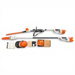 Two Stihl HTA 65's one with chain saw attachment one with hedge trimmer attachment