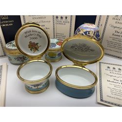 Five Halcyon Days enamel boxes, to include The 2000 Easter Egg, decorated with angels and cherubs upon a blue ground, The 2000 St Valentines Day Box, decorated with a pair of doves, a similar Because I Love You example and the 1999 and 2000 Mother's Day boxes, all boxed 
