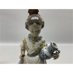 Three Lladro figures, comprising Serene Valenciana no 5867, Making Paella no 5254, and A Thought for Today no 5245, all with original boxes, larges example H22cm