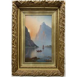 Nils Hans Christiansen (Denmark 1850-1922): Day and Eventide on the Fjords, pair oils on board signed 40cm x 22cm (2)