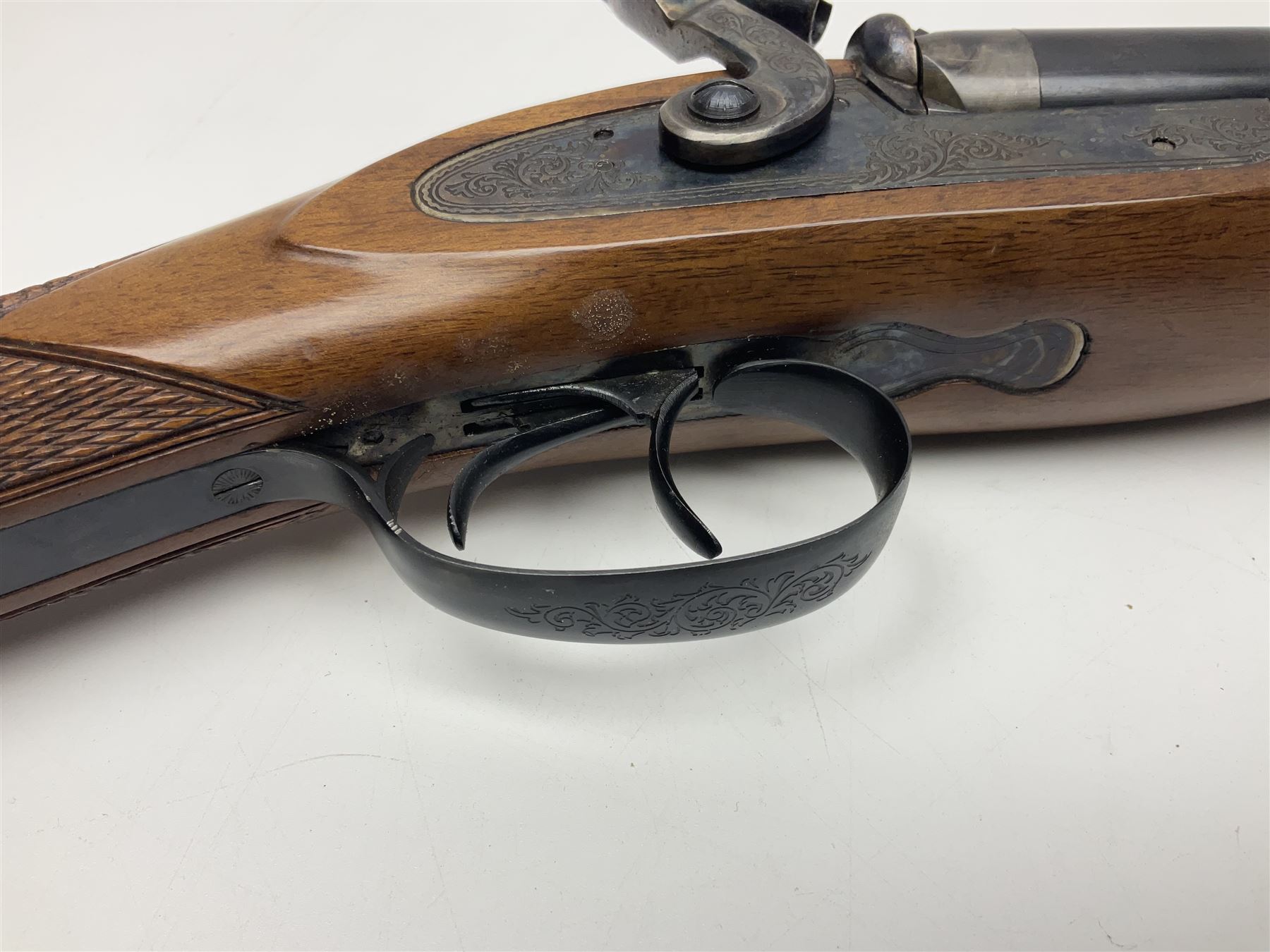 SHOTGUN CERTIFICATE REQUIRED: Fabbrica Armi F.lli Pietta Gussago BS Italy 12-bore side-by-side muzzle loading black powder double barrel percussion hammer gun, retailed by Navy Arms Co. Ridgefield N.J., the 71cm (28