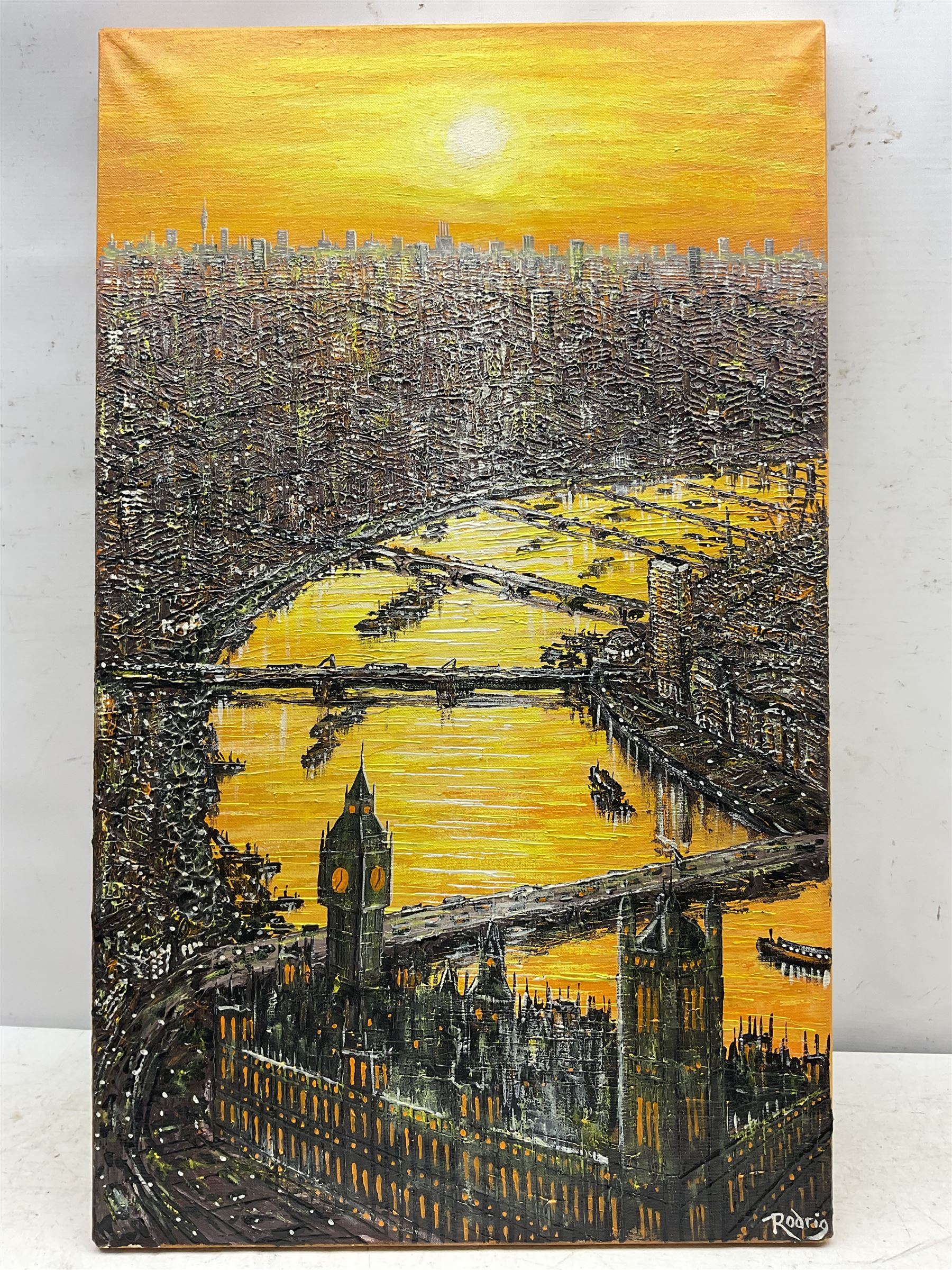 Alvaro Rodriguez (Spanish Contemporary): Aerial View of the Thames at London, impasto oil on canvas signed, artist's address card verso 76cm x 46cm