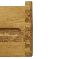 Contemporary golden ash and oak side table, rectangular top fitted with three drawers with swan-neck handles, on square supports united by slatted under-tier
