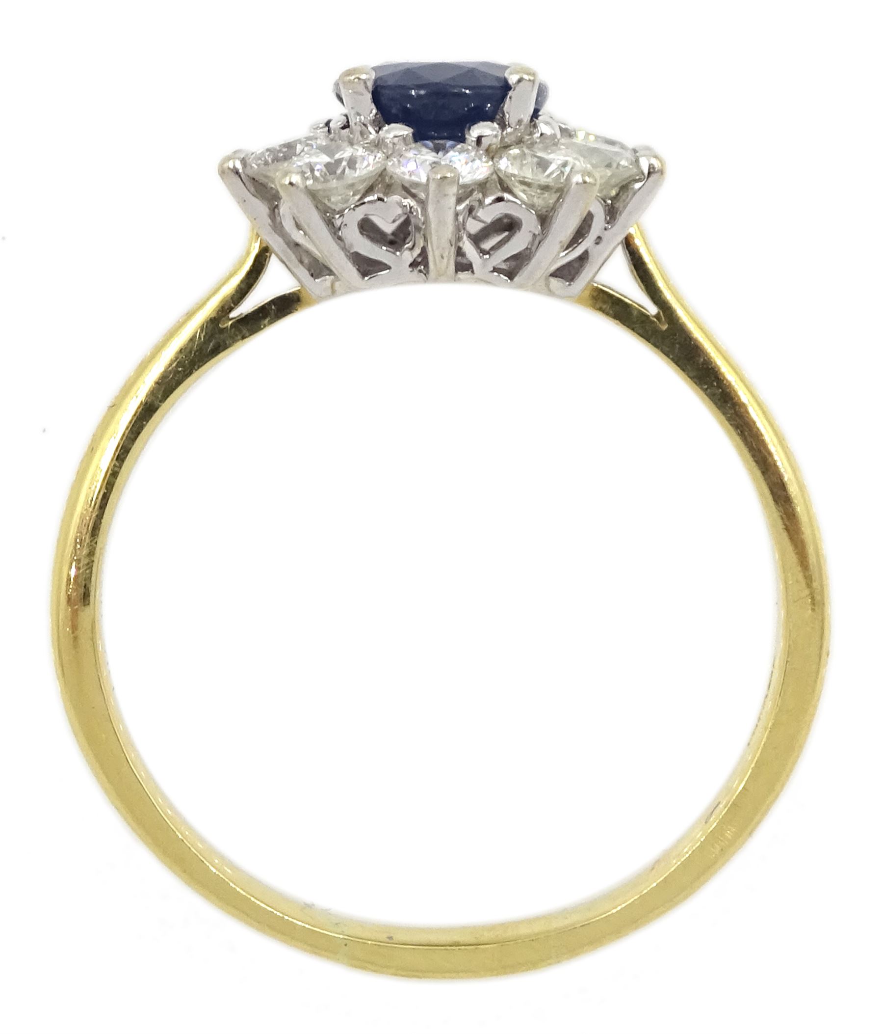 18ct gold oval sapphire and round brilliant cut diamond cluster ring, hallmarked, sapphire approx 1.40 carat, total diamond weight 0.98 carat
