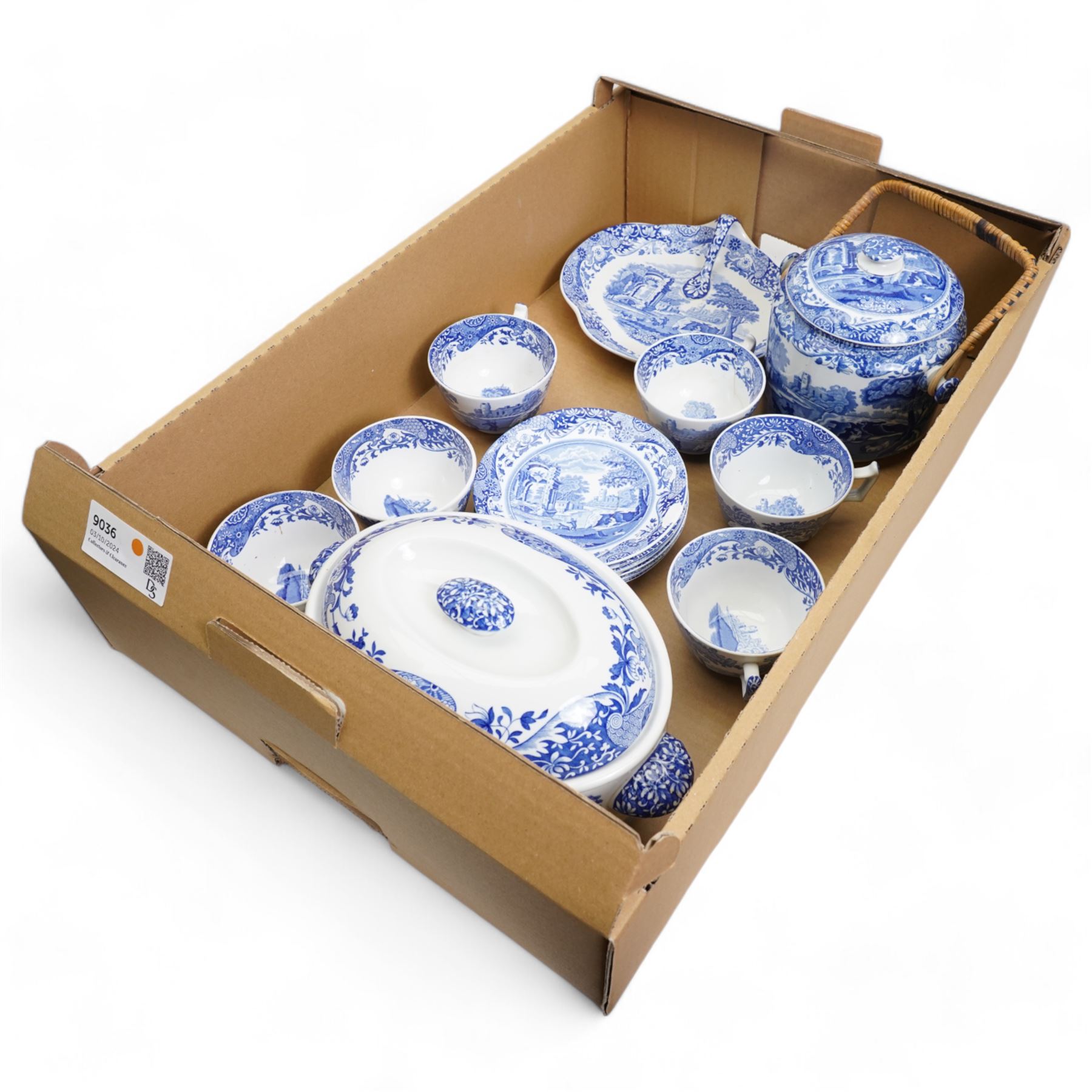 Collection of Copeland Spode blue Italian tea and dinner wares, including six cups and saucers, a sandwich plate, biscuit barrel and tureen