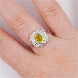 Platinum milgrain set octagonal cut yellow sapphire round brilliant cut diamond cluster ring, stamped Plat, sapphire approx 0.90 carat, total diamond weight approx 0.35 carat