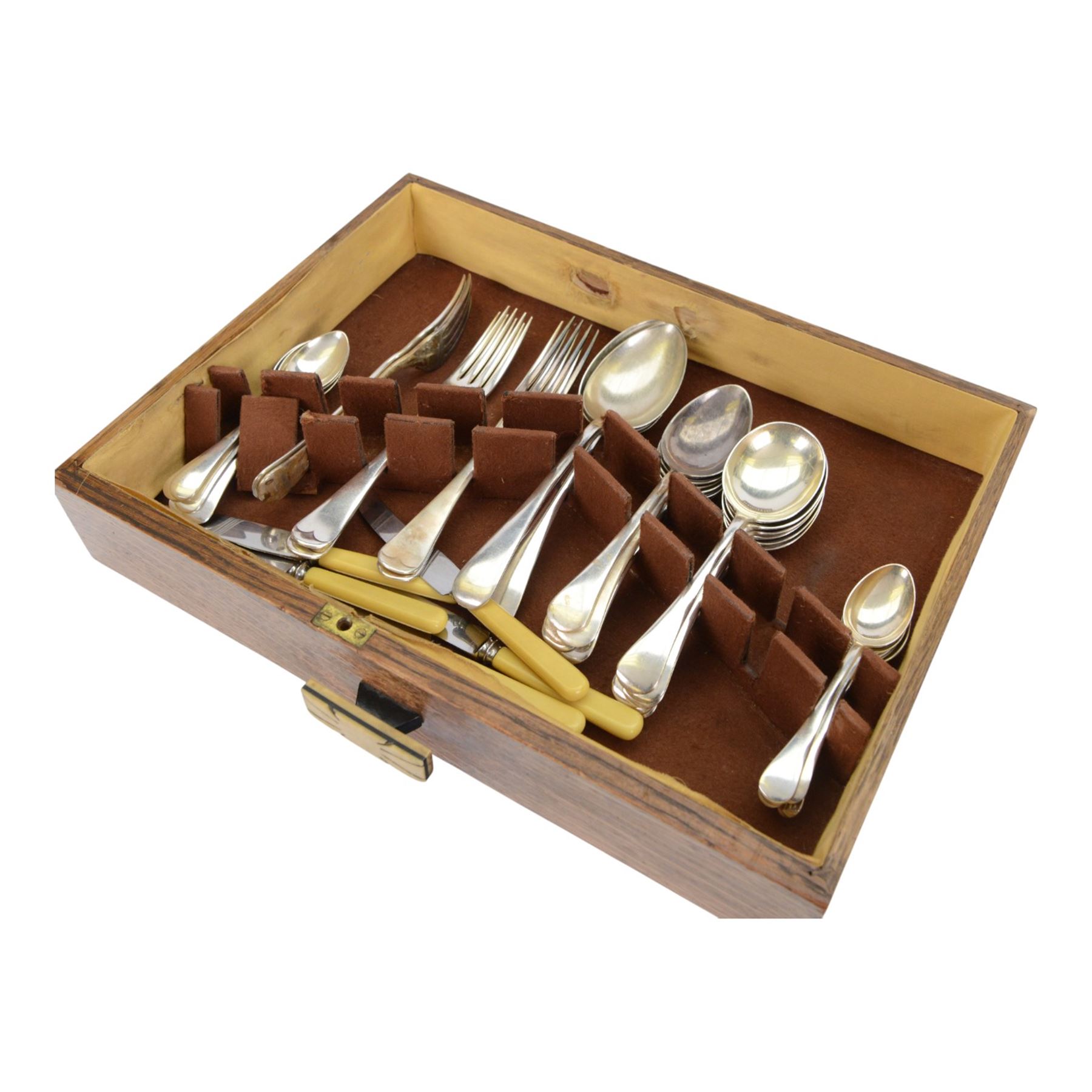 Art deco canteen of cutlery for six place settings, stainless steel with ivorine handles, contained within wooden canteen box
