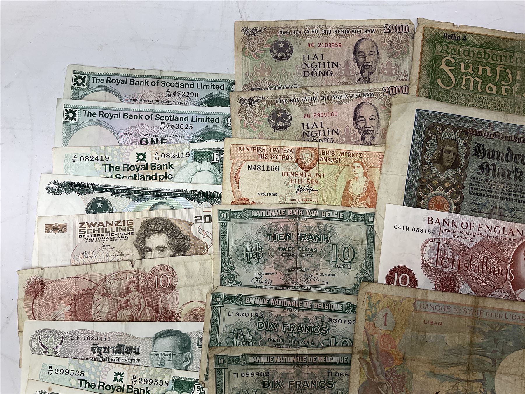 Great British and World banknotes, including Bank of England Page one pound 'EW57', Forde ten shillings 'C41N', various Belgian and Scottish notes etc