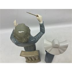 Two Lladro figures, comprising Conductor no 5196 and Prayerful Moment no 5500 together with a Lladro plaque and two Lladro candle holders, Dolphins at Play no 17666 and Sailing the Seas no 17665, all with original boxes, largest example H33cm 