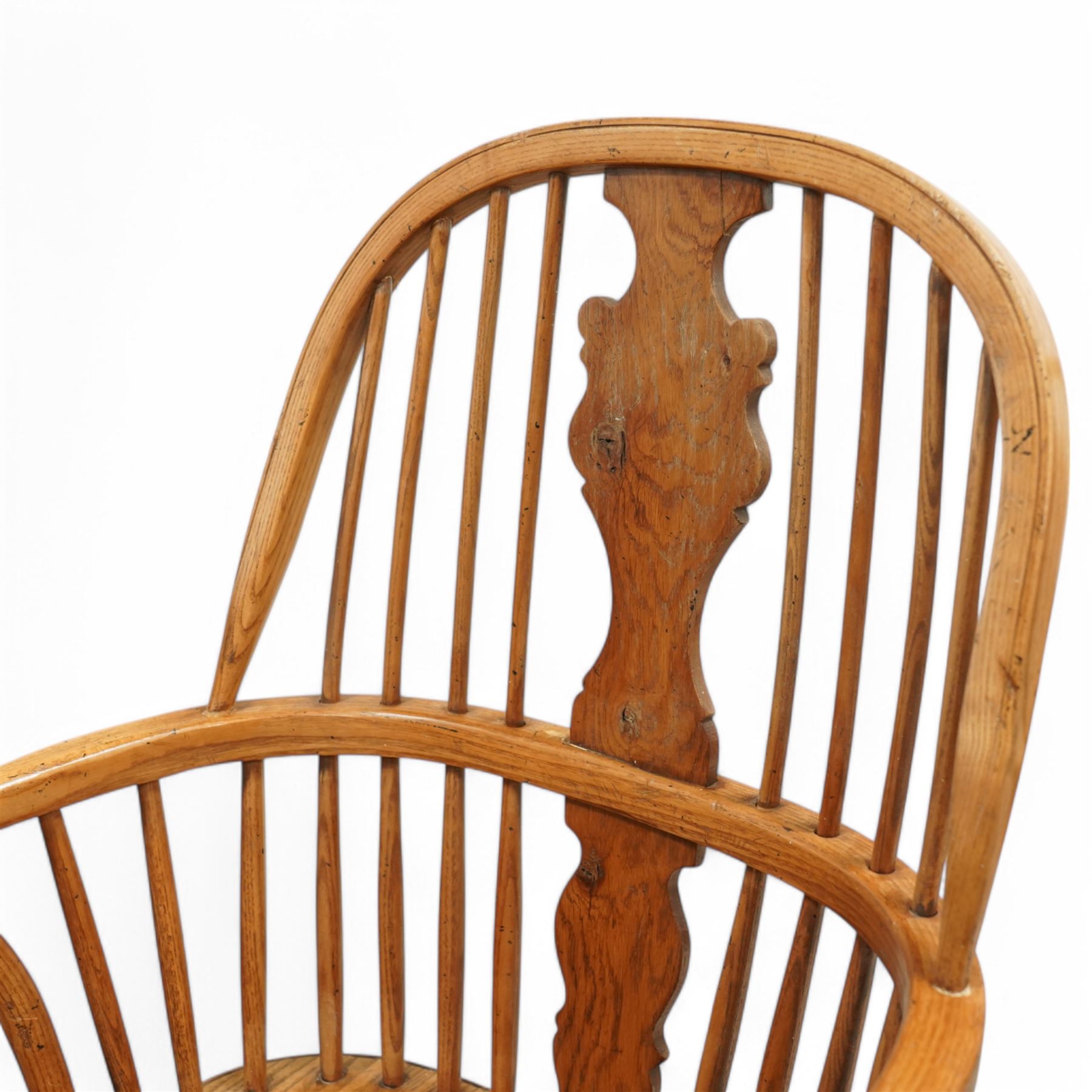 Batheaston Bespoke Furniture, Harrogate - pair of figured oak and ash Windsor armchairs, double hoop and stick back with shaped splats, dished seat on turned supports united by crinoline stretcher