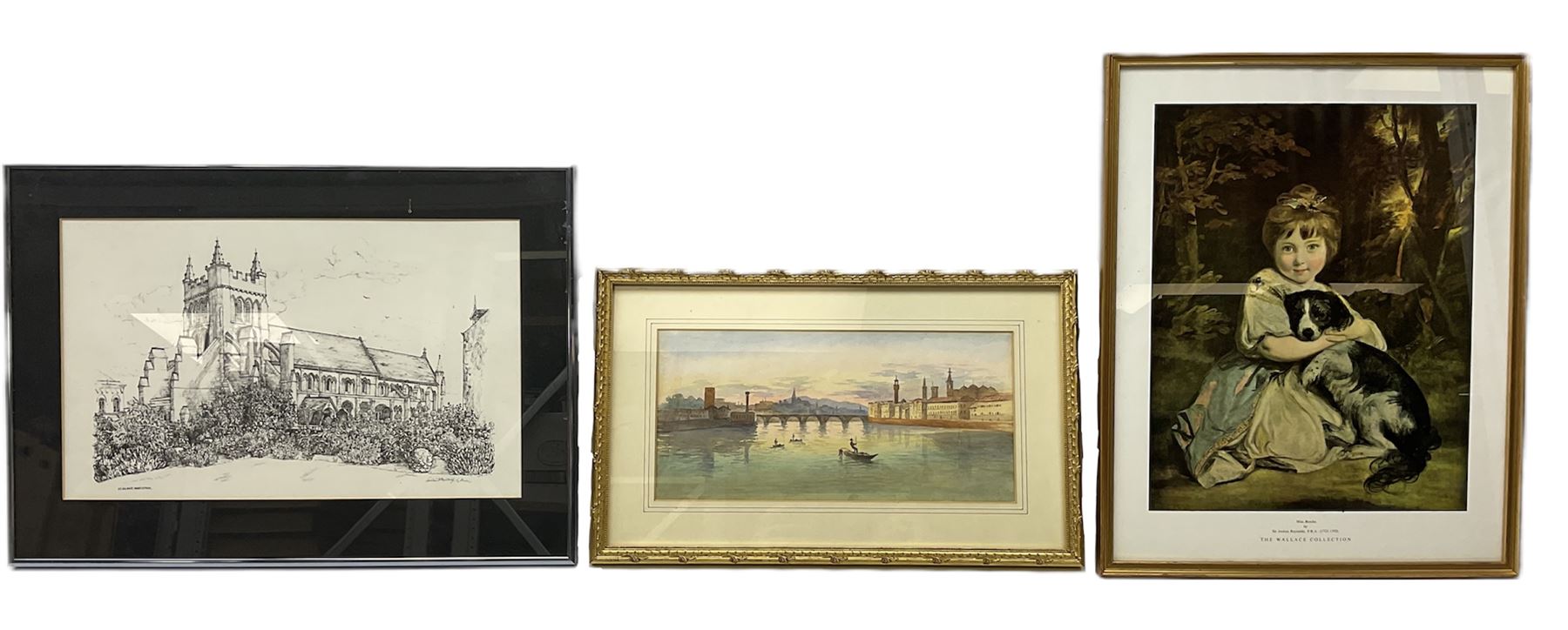 Italian school (20th century); Venetian Gondolier Scene, watercolor unsigned, together with colour print after Josepha Reynolds and black and white print of St.Hilda's Hartlepool (3)