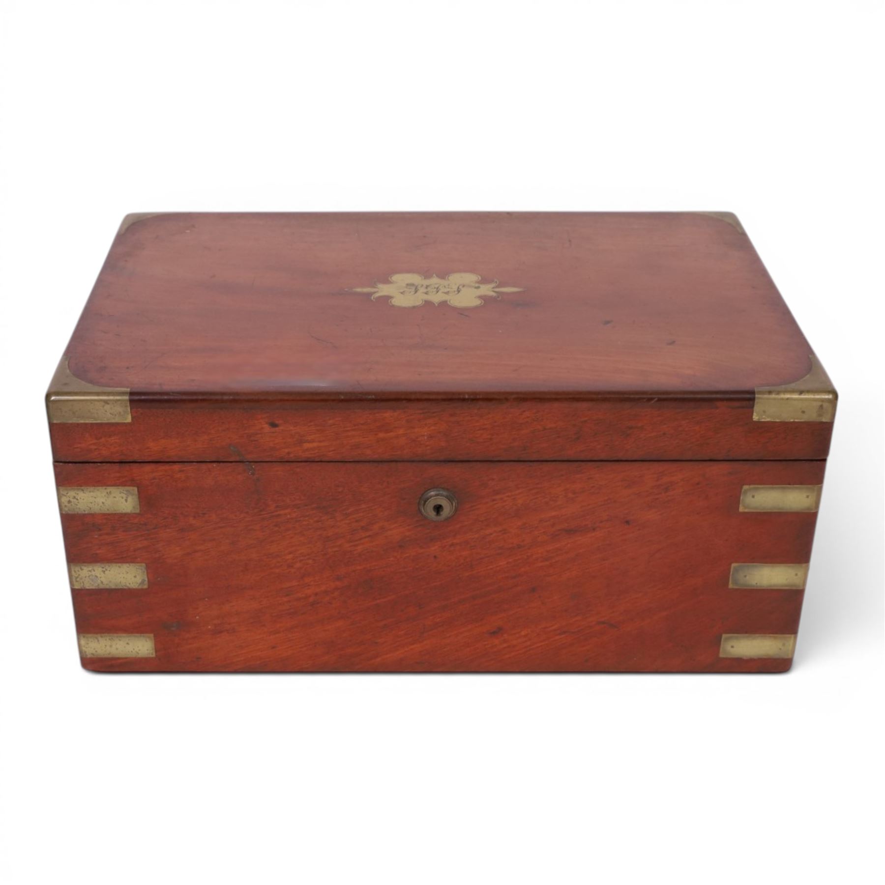 19th century mahogany brass bound writing slope, with fitted interior, H18cm