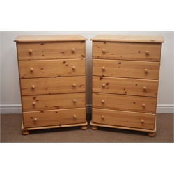  Pair solid pine chests, five drawers, bun feet, W75cm, H105cm, D47cm  