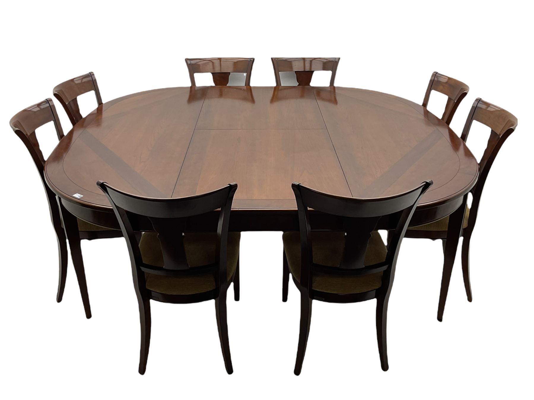 Grange Furniture - cherry wood finish oval extending dining table on square tapering supports, and a set of eight dining chairs with curved backs and upholstered seats 