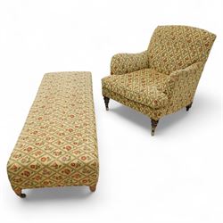 Late 20th century upholstered armchair and matching banquette, both with tight diamond lat...