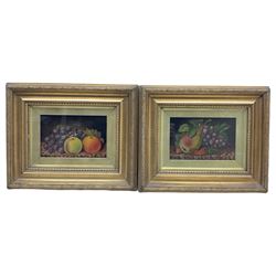 E Bogg (British early 20th century): Still Life of Fruit, pair oils on canvas signed and dated '10, 14cm x 21cm, together with a landscape oil by the same hand and two further late 20th century landscape oils (5)
