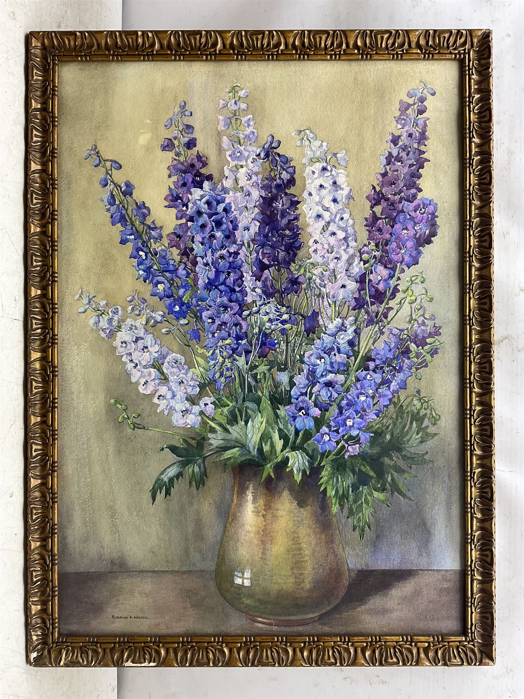 Florence Raingill Walker (British fl.1934-1937): Purple Delphiniums, watercolour signed 77cm x 54cm 