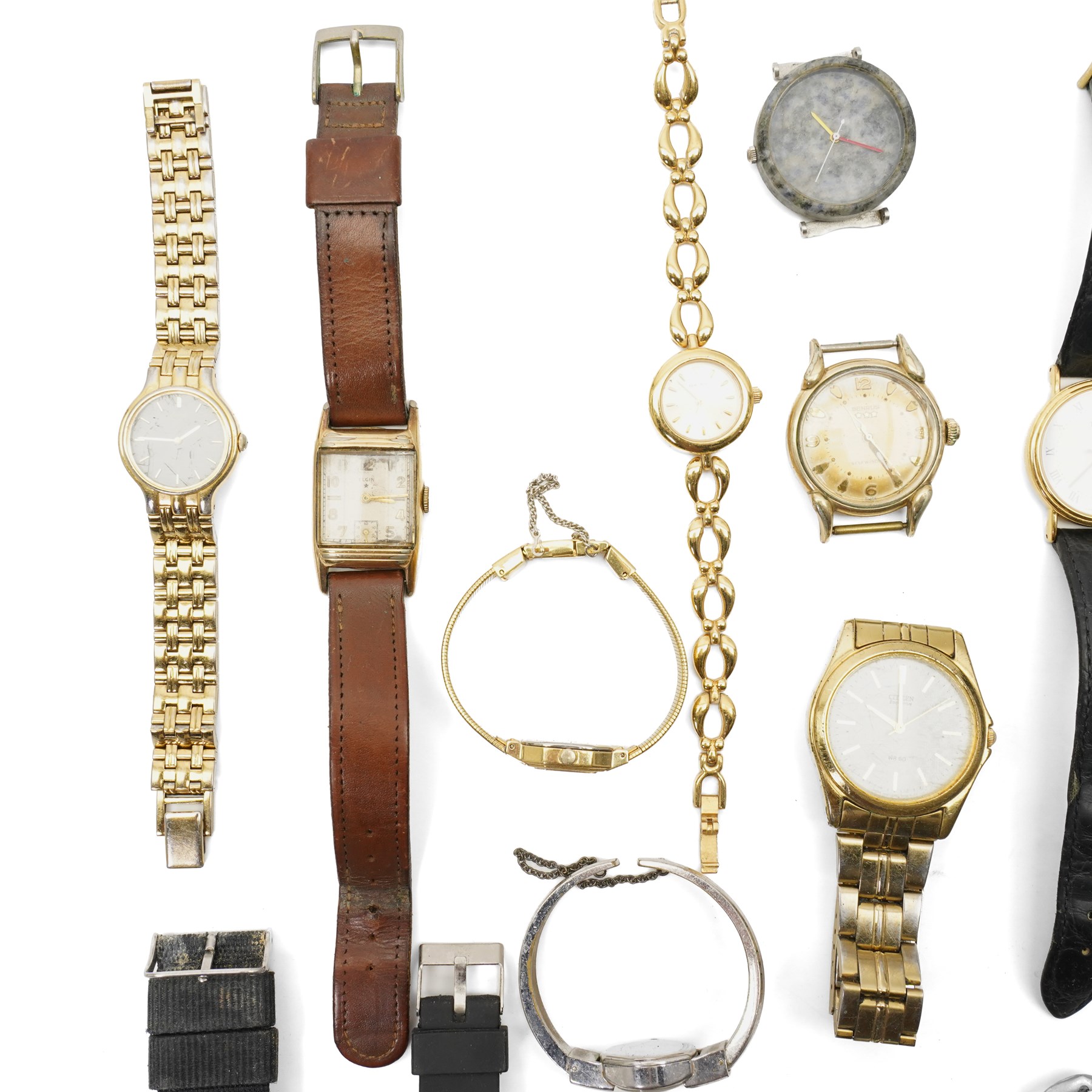 Three automatic wristwatches including Waltham, Lusina and Benrus, manual wind Geneve Skyship and Elgin and other quartz wristwatches including Tissot