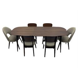 Bentley Designs - Premier collection “Oslo” contemporary walnut extending dining table and Six chairs upholstered in steel grey fabric. 