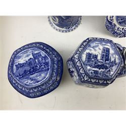 Collection of blue and white ceramics, to include two Adams Landscape pattern platters, Copeland Spode Italian pattern dish, Ringtons storage jars etc