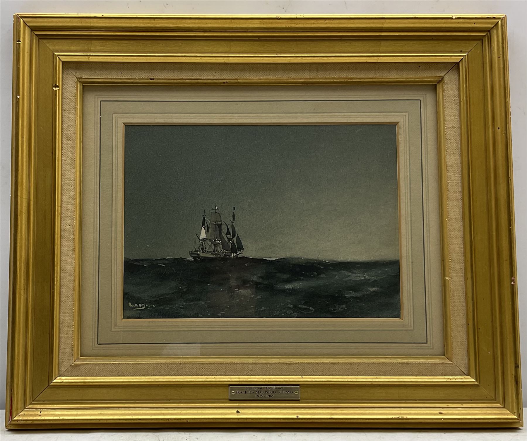Frank Henry Mason (Staithes Group 1875-1965): Evening Seascape 'Southward - The Whaler', watercolour with gouache signed 19cm x 26cm 
Provenance: exh. London Sporting Gallery 1936