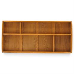 Ercol - elm plate rack, rectangular form with rounded corners, fitted with two open shelves divided by staggered upright partitions, fixings for hanging