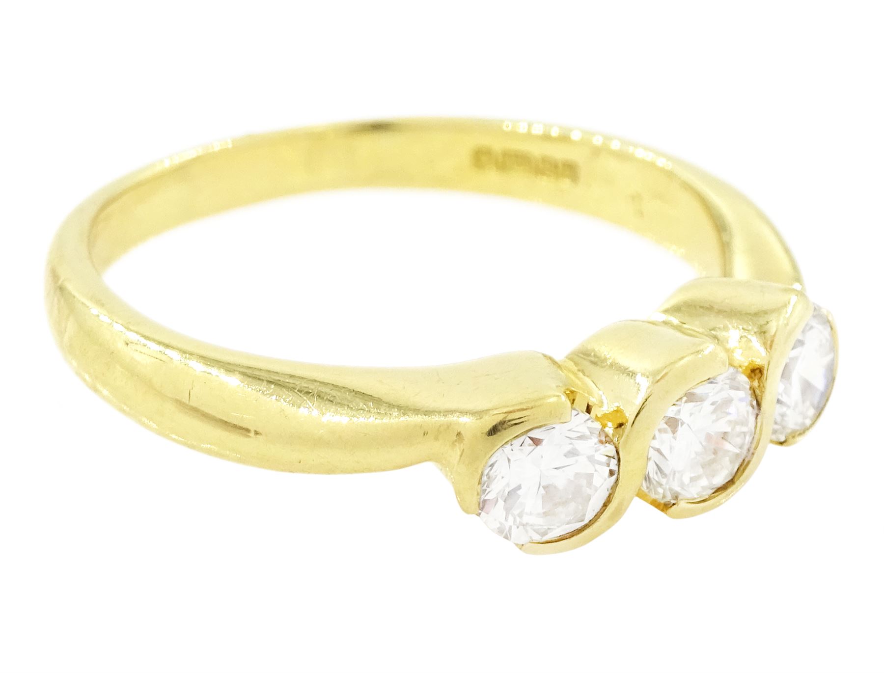 18ct gold diamond three stone ring, half bezel set with round brilliant cut diamonds, London 2002, total diamond weight approx 0.75 carat
