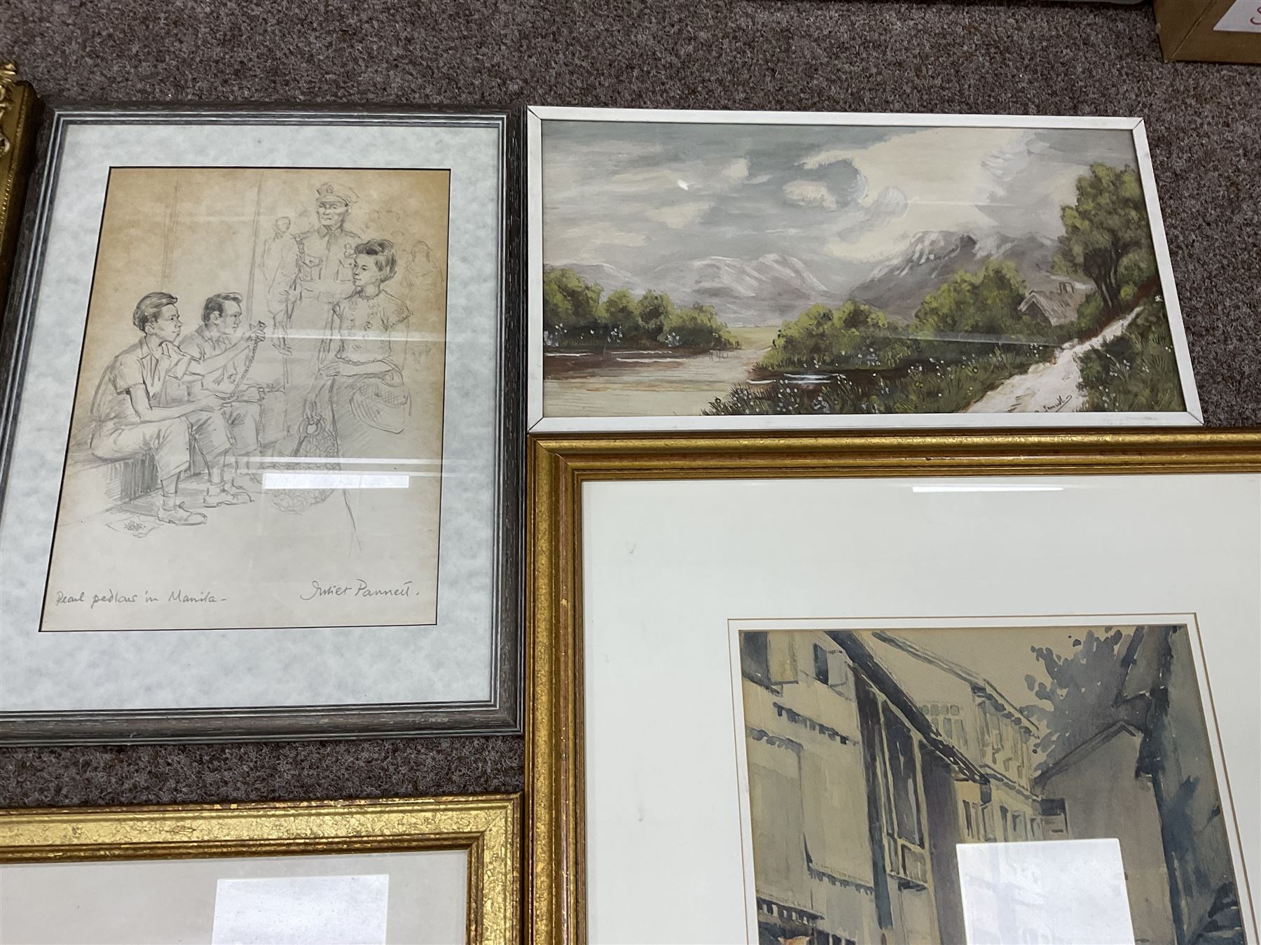 Watercolours and paintings, including Cecil Gracey street scene, Juliet Pannett pencil, portrait oil, coastal watercolour in quality gilt frame, William Ashton herding cattle watercolour, Ernest Forbes oil, etc