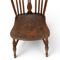 Set of six elm Windsor chairs, saddle seats with crinoline stretchers