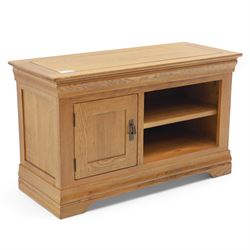 Oak Furnitureland - television and media cabinet, rectangular top with framed edge, fitted with single cupboard and open shelved section, on a stepped and shaped plinth