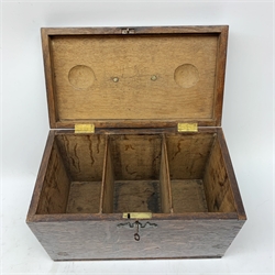 George III oak three-division box with hinged lid and brass fittings, L36cm x H23cm 