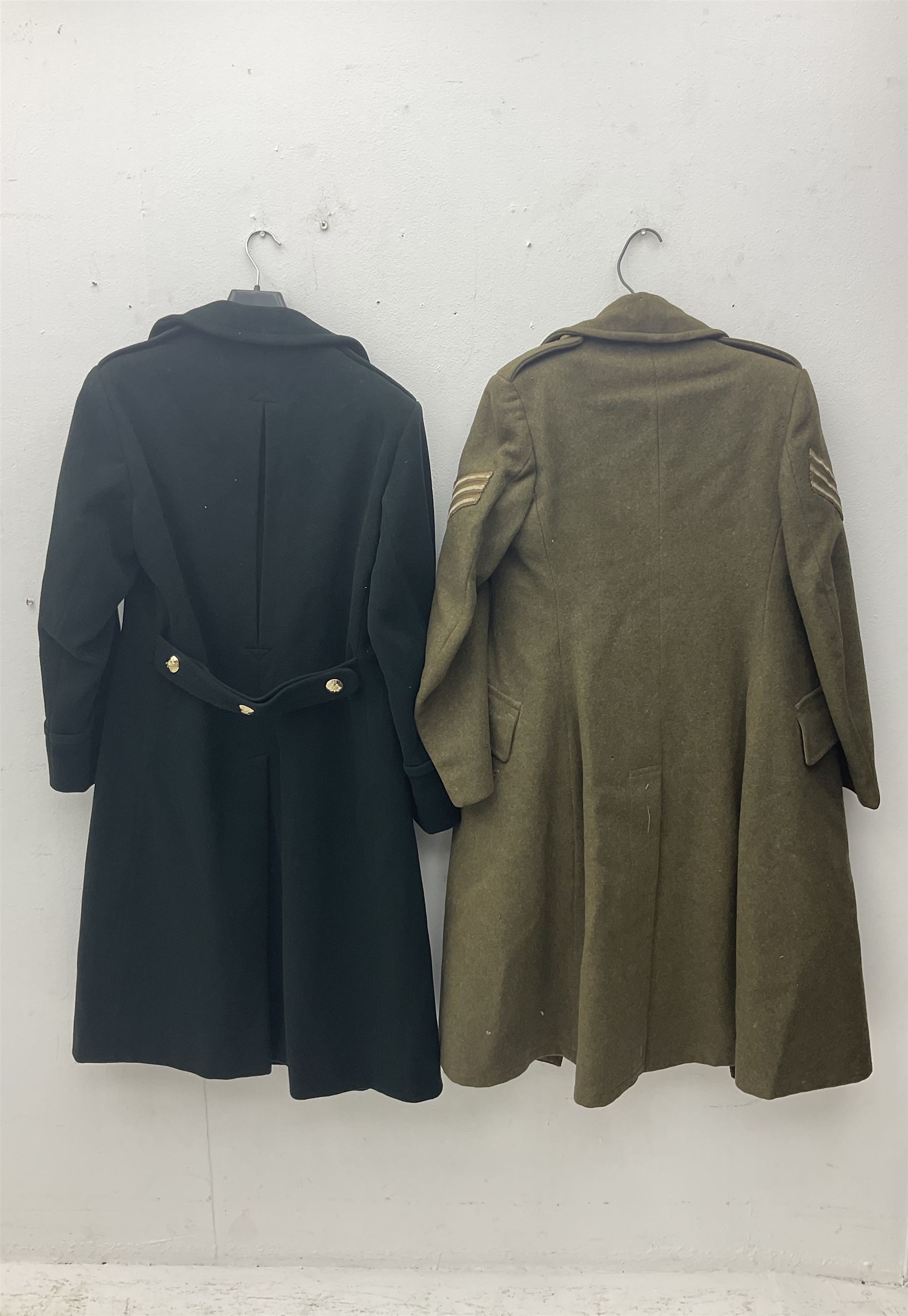 WW2 British female ATS Sergeant's service uniform grouping, consisting of four pocket female pattern service dress tunic with brass ATS shoulder titles and general service buttons; cloth lined interior with the original printed size label dated 1942; the matching khaki service dress skirt; and Greatcoat with size label dated 1945; together with army knitted sleeveless V-neck jumper; WRAC tunic, skirt and overcoat; full length cream and gold thread military evening dress by Hilliers Couture; and four webbing belts