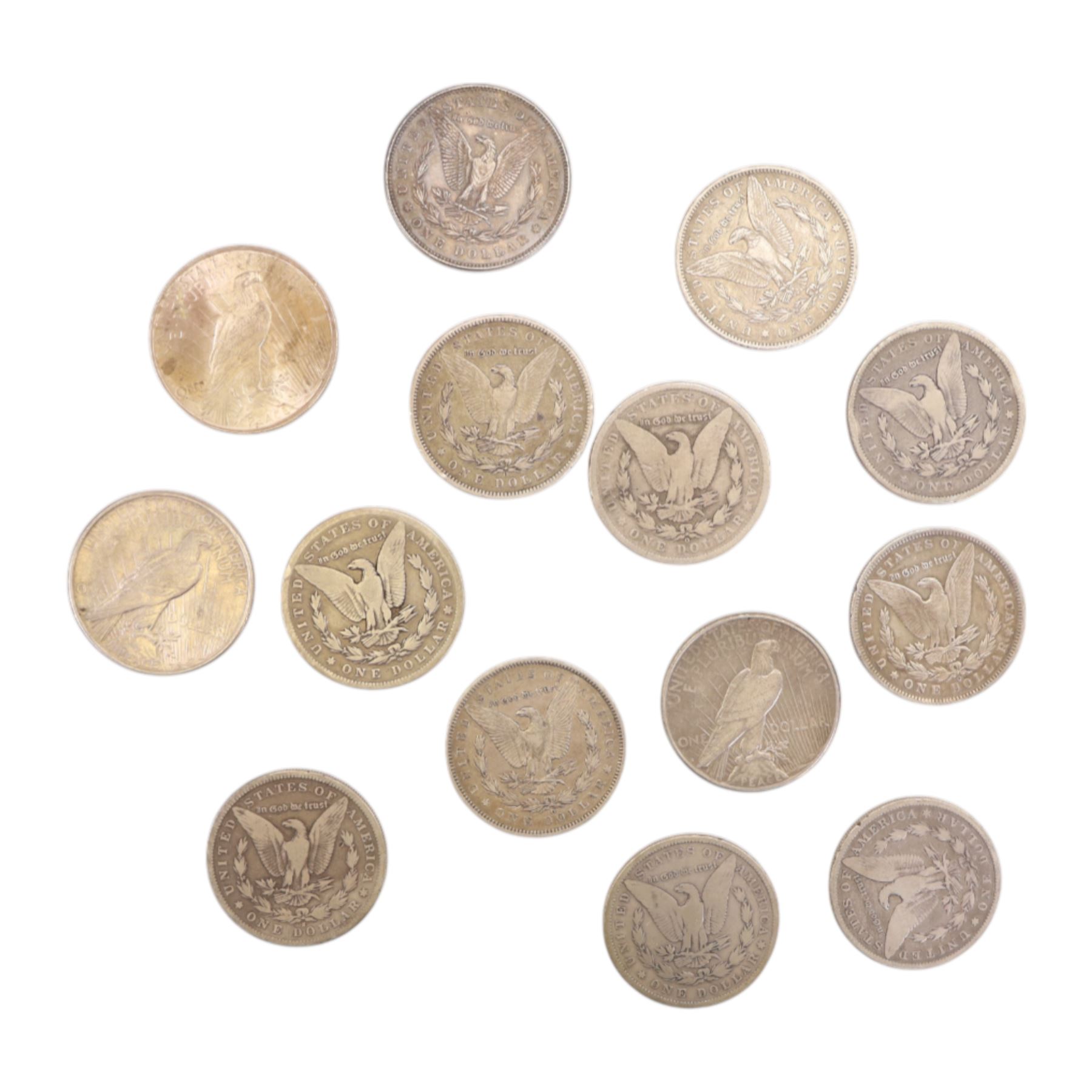 Fourteen United States of America silver one dollar coins, comprising eleven 'Morgan' dollars 1878, 1880, 1881, 1884, 1888 (2), 1889, 1890 (2), and 1899 (2), and three 'Peace' dollars 1922 (2) and 1925